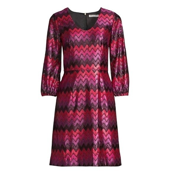 Trina Turk Nicole Dress Shimmer Embroidered Chevron Midi Dress Size Small 4/6 - Picture 2 of 13